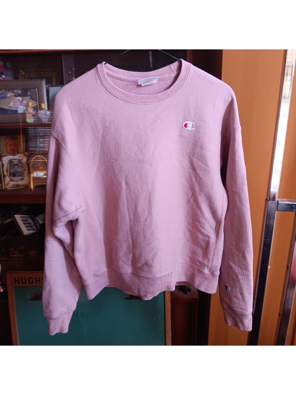 Womens Medium Champion Reverse Weave Pink Sweatshirt Pullover Logo Patch